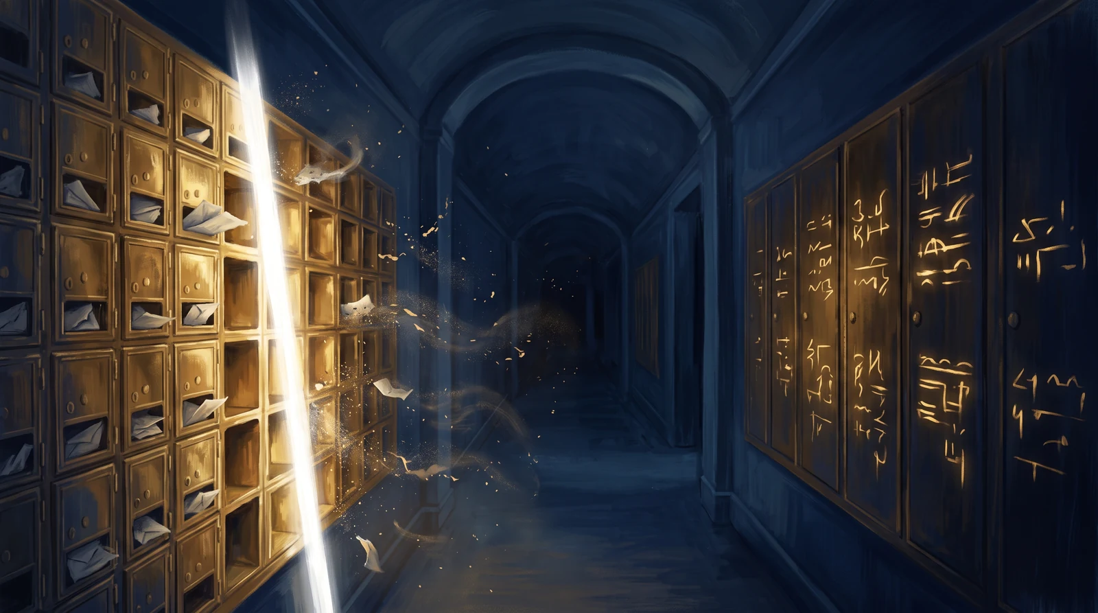 A dark corridor: on the left a wall of brass pigeonhole mailboxes is being swept clean by a blade of white light, the notes inside dissolving into sparks; further down on the right the same wall has already reappeared, its closed doors covered in glowing golden marks