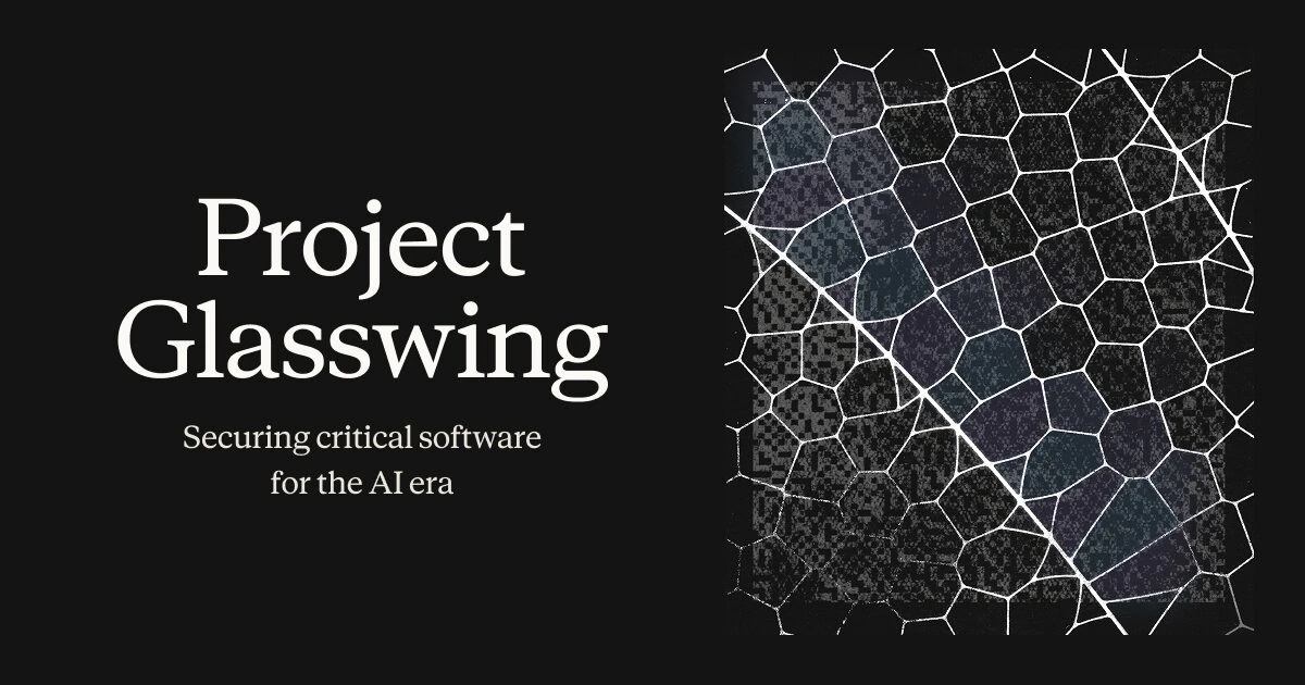 Project Glasswing promotional graphic: the title 'Project Glasswing — Securing critical software for the AI era' beside a glasswing-butterfly wing rendered as a white cellular network on black